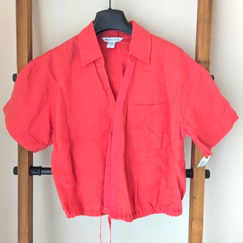 Athleta Women's Coral/ Red Button Down Short Sleeve Shirt - SP